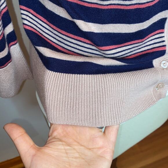 HALOGEN small Petite Pink Navy knit button cardigan Striped pattern 3/4 sleeves - Picture 4 of 7